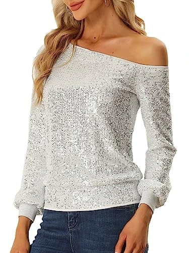 Long Sleeve Sparkly Tops for Women's Party Off Shoulder Sequin Top Silver S