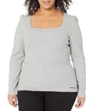 Long Sleeve Square Neck Rib Top, Heather Grey, XL