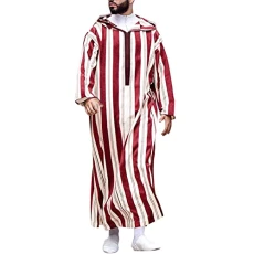 Long Sleeve Striped Muslim Robes Men's Long Sleeve Zipper Hooded Muslim Robe casual Color block Y-Neck Robe Middle Eastern Ethnic Costume Robe Islamic Lounge Abaya Robes Skin-Friendly Kaftan Robe
