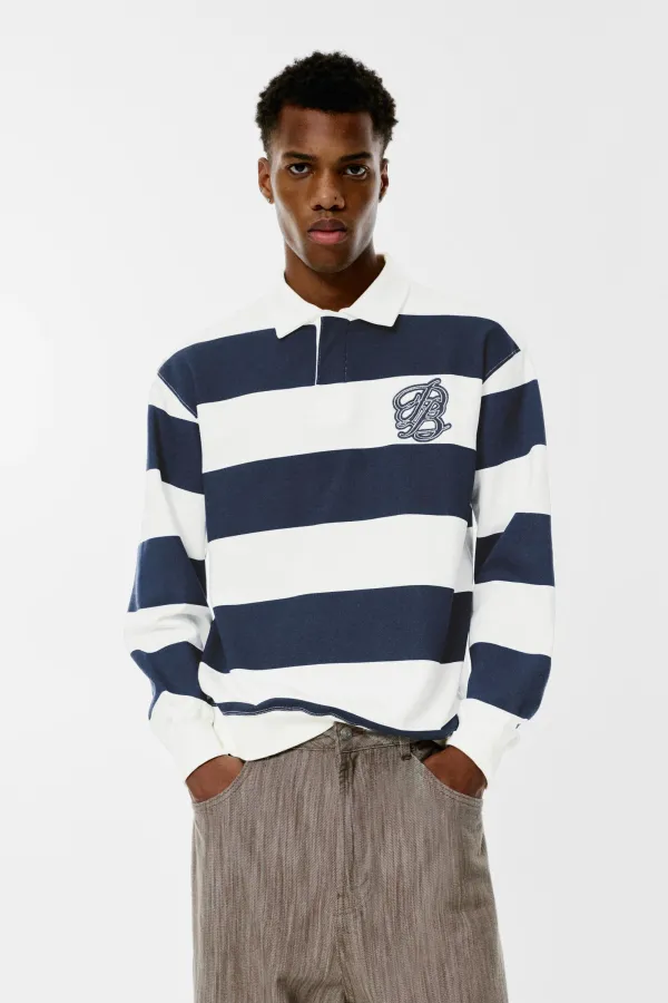 Long Sleeve Striped Polo Shirt - Navy
