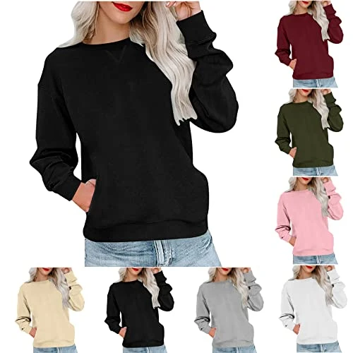 Long Sleeve Sweatshirts for Women UK Lightweight Crew Neck Jumper Solid Color Loose Pullover Elegant