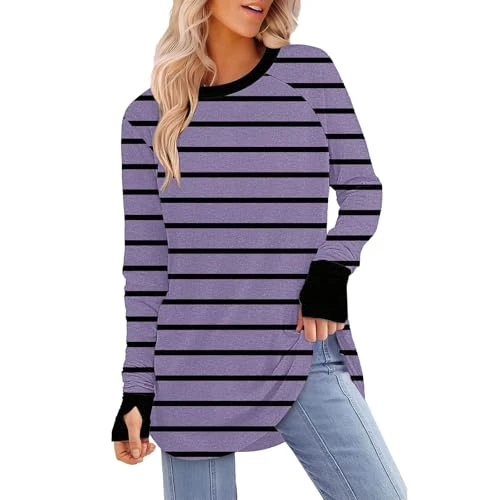 Long Sleeve Top for Women Classic Loose Crew Neck Floral Print Pullover Top Casual Cozy Striped Blouse Fall Flowy Breathable Outdoor Sport T-Shirt Trips Riding Streetwear(C Purple,S)