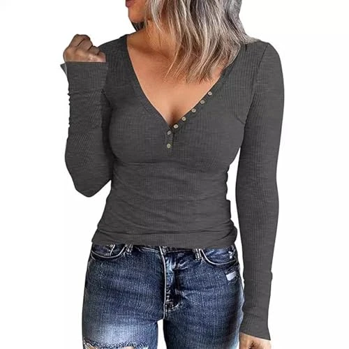 Long Sleeve Top for Women V Neck Button Down Sweatshirts Ribbed Slim Fit Jumper Solid Color Baggy Sp