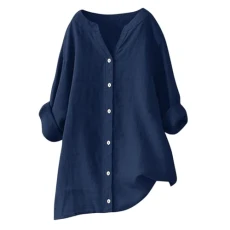 Long Sleeve Tops Women Cotton Linen Button Down Shirt Plus Size V Neck Plain T Shirts Loose Womens S