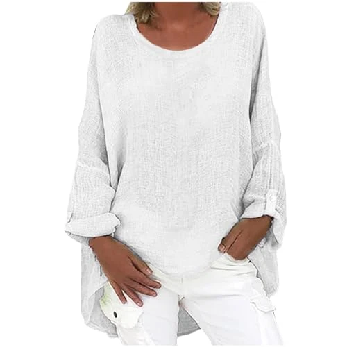 Long Sleeve Tops Women Cotton Linen Longline Oversized T Shirts Crewneck Sweatshirts Loose Elegant P