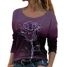 Long Sleeve Tops Women Cotton, Valentine Clothing Printed Dress Feather Valentine Floral T Shirt Flower Scenery Painting Print O Neck Casual Sweatshirt Tshirt Buckle Button Plus Size Clothing Sales