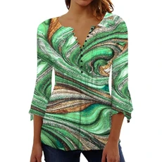 Long Sleeve Tops Women Cotton Women's Casual Fashion Printed Sleeve V Neck Top Button T Shirt Plus Size Clothing for Women Promotions Holiday Essentials for Women