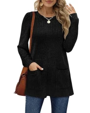 Long Sleeve Tops Women Lightweight Jumpers Ladies Sweatshirts with Pockets Black Size 22-24