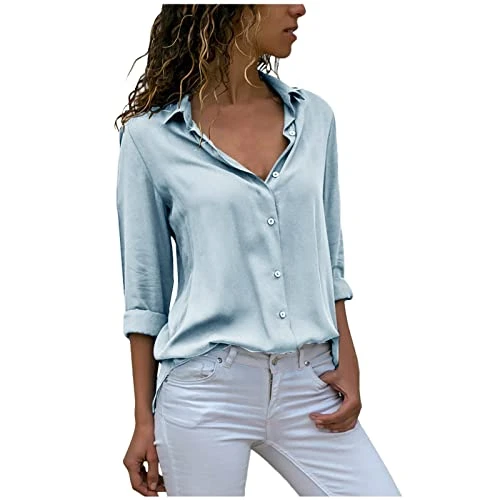 Long Sleeve Tops Womens V Neck Button Down Shirts Chiffon Tunic Blouse Ladies Basic Loose Top Work B