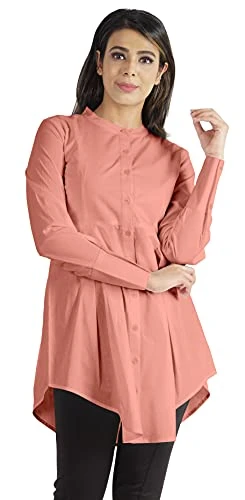 Long Sleeve Tunic Mandarin Collar Asymmetrical Formal Shirt for Women Peach