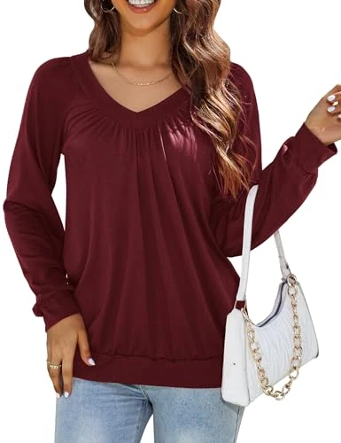 Long Sleeve Women's T-Shirt Long Sleeve / Short Sleeve V-Neck Pleated Tunic Elegant Blouse Shirt Loo