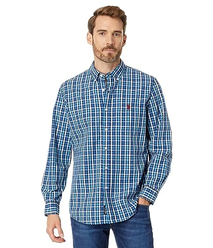 Long Sleeve Yarn-Dye Poplin Plaid Woven Shirt, Classic Navy, S