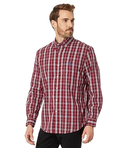 Long Sleeve Yarn-Dye Stretch Plaid Woven Shirt, Maroon Banner, XL