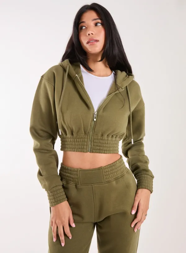 Long Sleeve Zip Up Hoodie - L - KHAKI