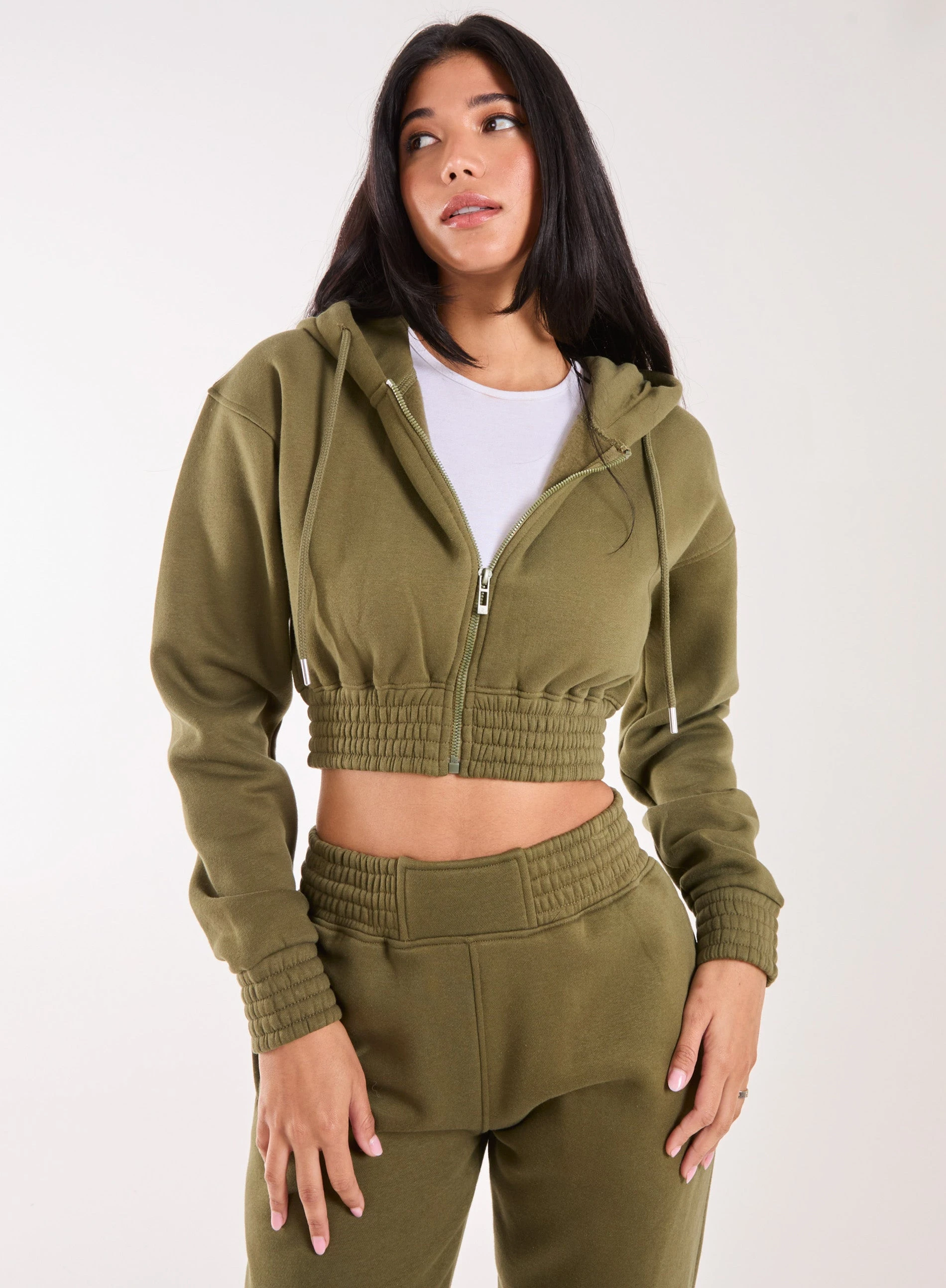 Long Sleeve Zip Up Hoody KHAKI