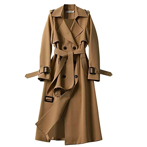 Long Trench Coat For Women Uk Loose Fit Double-Breasted Elegant Windbreake Coats With Belt Lapel Col