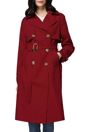 Long Trench Coat for Women with Belt Lightweight Double-Breasted Duster Trench Coat Slim Fit Red XL