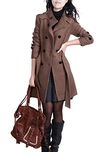 Long Trench Coat for Womens Stand Collar Double Breasted Winter Overcoats Belted Slim Fit Wool Blend