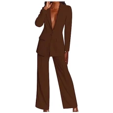 Long Trouser Suit Women's 2-Piece Business Suit Set Casual Long Sleeve Tracksuit Elegant Plain Blazer Jacket and Trousers Outfit Sexy Festive Leisure Suit with Pockets Workout Sets, coffee, M