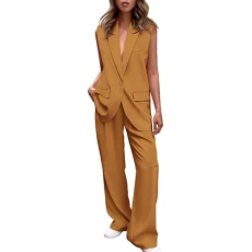Long Trouser Suit Women's 2-Piece Business Suit Set Casual Long Sleeve Tracksuit Elegant Plain Blazer Jacket and Trousers Outfit Sexy Festive Leisure Suit with Pockets Workout Sets, Z05-brown,