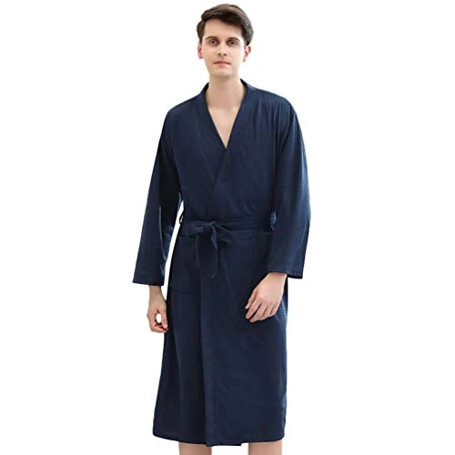 Long Waffle Kimono Sleepwear Couple Nightdress with Removable Belt Unisex Spa Hotel Robe Kimono Bathrobe Mr. & Mrs. Couples Bathrobe Men’s Belt Men Belt Tracksuit Detachable Lovers Navy