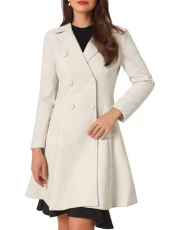 Long Winter Coat for Women's Notch Lapel Collar A-Line Double Breast Coat Cream White M