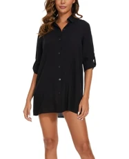 Long Women Shirts Button Down Tunic Blouse with Pockets Swimsuit Cover Ups (Black XL) Long Women Shirts Button Down Tunic Blouse with Pockets Swimsuit Cover Ups (Black XL)