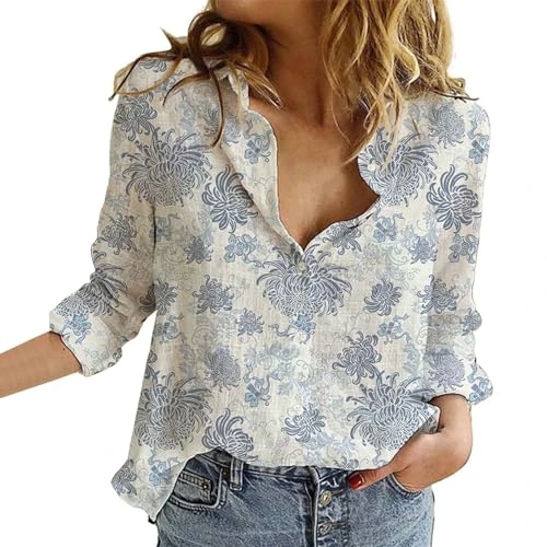 Longline T Shirt Women Flower Print Button Down Long Sleeve Shirt for Women Casual Floral V Neck Gra