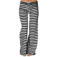 Loose Pajamas Striped High Waist Pyjamas for Women Elastic Wide Leg Trousers Stretchy Yoga Pants Straight Thin Lightweight Sweatpants Low Waisted Sportswear Pilates Gym Joggers Bottoms Black