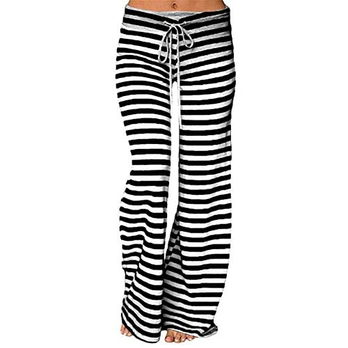 Loose Pajamas Striped High Waist Pyjamas for Women Elastic Wide Leg Trousers Stretchy Yoga Pants Straight Thin Lightweight Sweatpants Low Waisted Sportswear Pilates Gym Joggers Bottoms Black