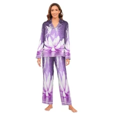 Lotus Flower Butterfly Purple Women's Satin Pyjamas Set Long Sleeve Button Down Sleepwear M