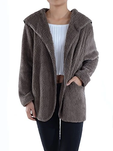 Lounge & Chill Hooded Fluffy Fleece Comfy Soft Teddy Coat Jacket, Brown, Medium/Large