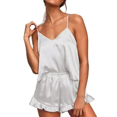 Loungewear Women's Sexy Silk Satin Ruffle Pyjama Sets Cami Shorts Sets Sleepwear Satin Pyjamas Cami Shorts Set Sleepwear Pyjama Set, White, XL
