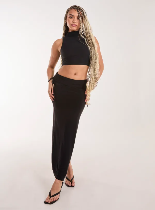 Low Rise Fold Over Slinky Maxi Skirt - M - BLACK
