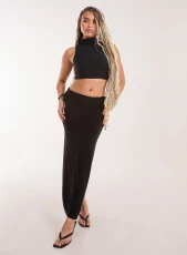 Low Rise Fold Over Slinky Maxi Skirt BLACK Low Rise Fold Over Slinky Maxi Skirt BLACK