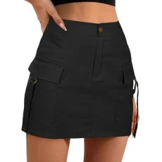 Low Waist Cargo Skirt, Women's Mini Cargo Skirt with Button Pocket, A-Line Skirt, Pencil Skirt, Black, Knee-Length, black, L