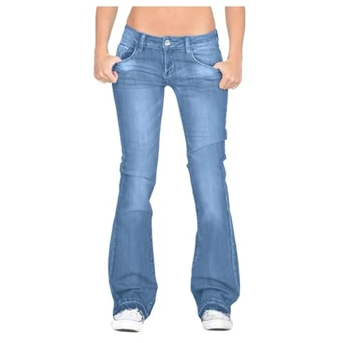 Low Waist Jeans for Women， Flare Bell Jeans Classic Denim Button Zip Slim Casual Stretchy Jeans with Pockets，Breathable Elasticated Waist Daily Wide Leg Stretch Leggings