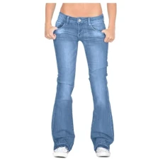 Low Waist Jeans for Women， Flare Bell Jeans Classic Denim Button Zip Slim Casual Stretchy Jeans with Pockets，Breathable Elasticated Waist Daily Wide Leg Stretch Leggings