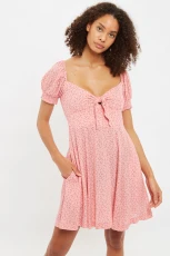 Luiza Teeny Flower Bud Tie Front Short Sleeve Tea Dress - Pink