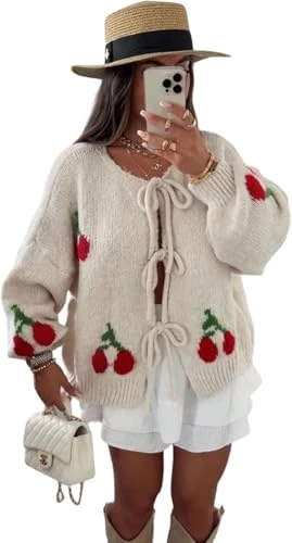 Lumaire® Women Front Tie Knitted Cherry Cardigans, Ladies Casual Warm Knitwear Long Sleeve Slouchy Short Cardigan Sweater Jumper Top (Beige, 8-16)