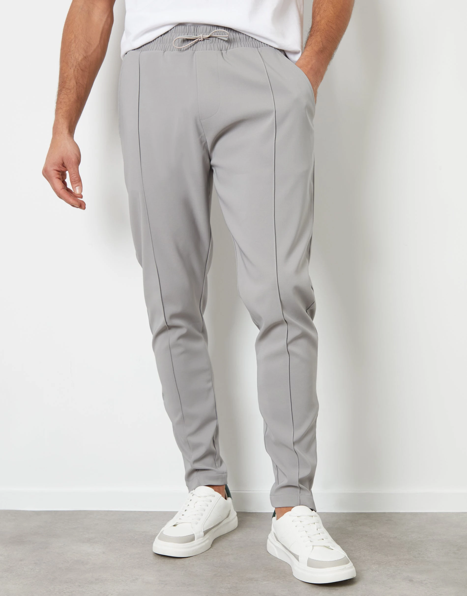 Luxe Men's Light Grey Pull-On Seam Detail Trousers