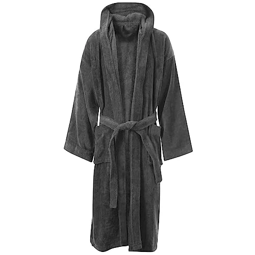 Luxury Egyptian Cotton Towelling Bath Robe Dressing Gown Terry Towel Bathrobes (Grey Hooded L/XL)