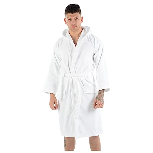 Luxury Egyptian Cotton Towelling Bath Robe Dressing Gown Terry Towel Bathrobes (White / Hooded) (Small / Medium)