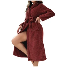 Luxury Ladies Hooded Bathrobe Dressing Gown Super Soft Women's Robe Comfortable Loungewear and Nightwear Pocket Belt Hooded Lightweight Bathrobe 2-Wine S