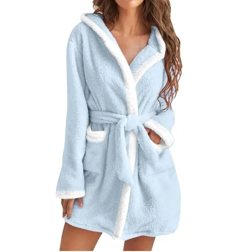 Luxury Ladies Hooded Bathrobe Dressing Gown Super Soft Women's Robe Comfortable Loungewear and Nightwear Pocket Belt Hooded Lightweight Bathrobe 1-Sky Blue XXL