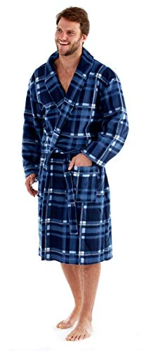 Luxury Mens Gents Full Length Velour Fleece Robe Dressing Gown Blue Check S-M