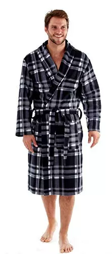 Luxury Mens Gents Full Length Velour Fleece Robe Dressing Gown Grey Check S-M