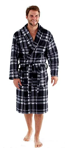 Luxury Mens Gents Full Length Velour Fleece Robe Dressing Gown Grey Check XXL