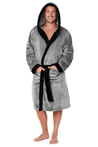 Luxury Super Soft Men Dressing Gown Mens Bathrobe, (Black/Grey, M)