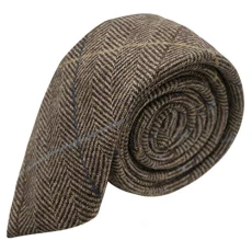 Luxury Walnut Brown Herringbone Check Tie, Tweed